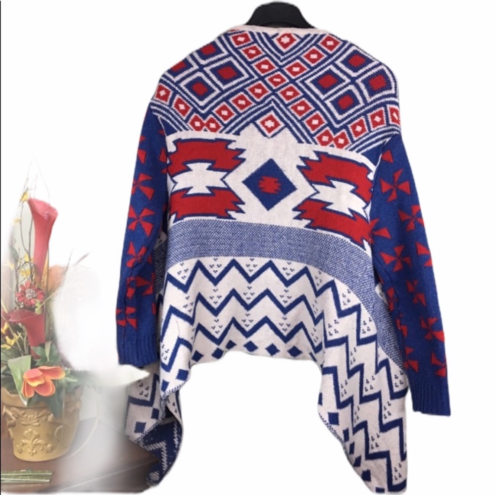 Trendology Native Western Open Front Blanket Red White Blue Sweater Oversized S